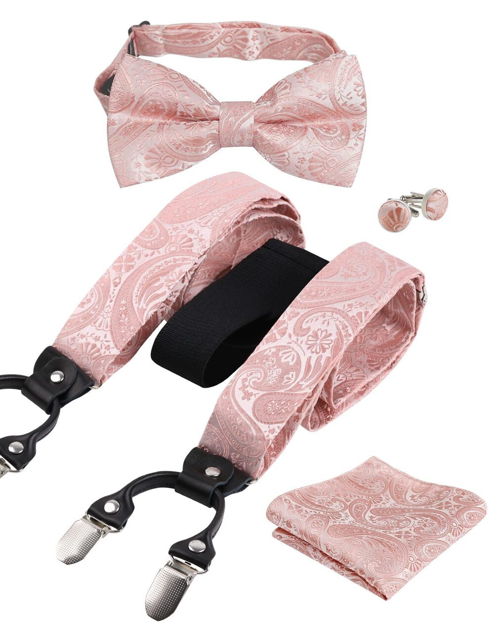 6767 Classic Paisley Suspender, Bow Tie, Hanky and Cufflinks Set Blush Pink